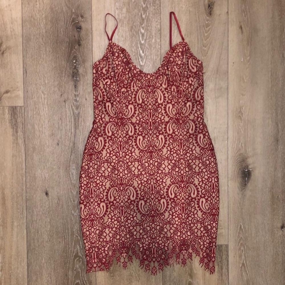 For Love and Lemons Red Lace Cutout Nude Lined Dress Size Large